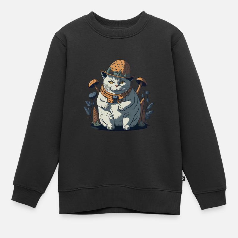 Fat Cottagecore Cat avec chapeau champignon - Sweat Premium enfant bio - noir