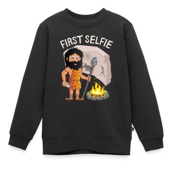 Lustiger Neandertaler, First-Selfie, Spruch, Pun - Kinder Premium Organic Sweatshirt - Schwarz - Vorne - AI Model Kid Female (0cm)