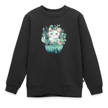 Katze im Blumentopf grünliche Pflanzen - Kinder Premium Organic Sweatshirt - Schwarz - Vorne - AI Model Kid Female (0cm)
