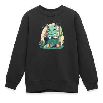 Chat vert en pot de fleurs avec cactus et citrouille - Sweat Premium enfant bio - noir - Devant - AI Model Kid Female (0cm)