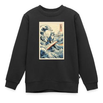 Chat Surfeur Hokusai Art Japonais Humour Kanagawa - Sweat Premium enfant bio - noir - Devant - AI Model Kid Female (0cm)