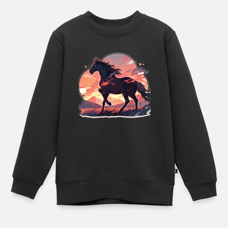 Chevaux, Cheval Noir, Cheval, Coucher De Soleil - Sweat Premium enfant bio - noir