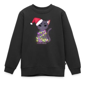 Chat noir mignon portant le chapeau de père Noël, lumières de Noël - Sweat Premium enfant bio - noir - Devant - AI Model Kid Female (0cm)