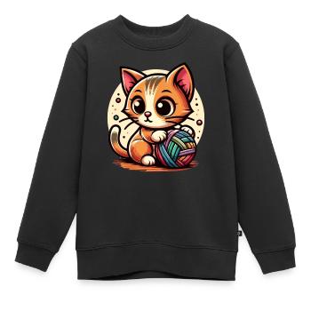 Chat avec pelote de laine - Sweat Premium enfant bio - noir - Devant - AI Model Kid Female (0cm)