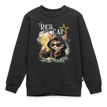 Rich Cat, Humor, Spaß, Fun, Cool, Luxus, Reich, - Kinder Premium Organic Sweatshirt - Schwarz - Vorne - AI Model Kid Female (0cm)