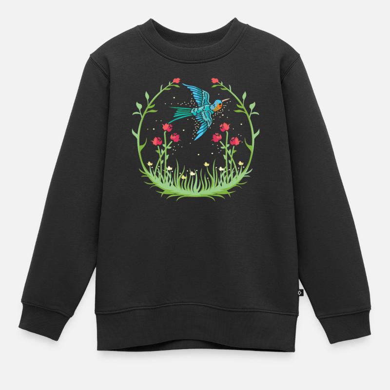 Colibri, Fleurs, Oiseau De Fleur - Sweat Premium enfant bio - noir