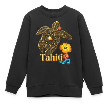 Tahiti Tortue Tribale Fleurs Hibisicus Troicale - Sweat Premium enfant bio - noir - Devant - AI Model Kid Female (0cm)