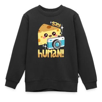 Fotografie Wortwitz "Cheese!" - Kinder Premium Organic Sweatshirt - Schwarz - Vorne - AI Model Kid Female (0cm)