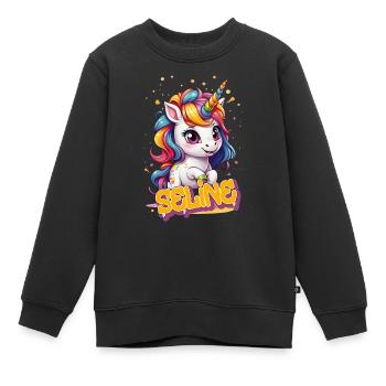 SELINE - Beau nom de fille avec une licorne mignonne - Sweat Premium enfant bio - noir - Devant - AI Model Kid Female (0cm)