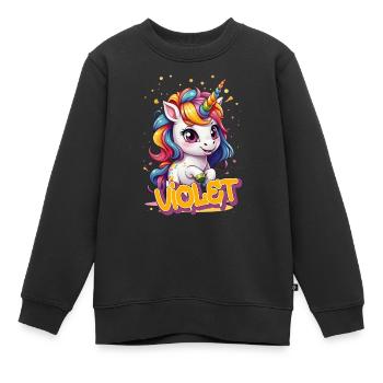 VIOLET - Beau nom de fille avec licorne mignonne - Sweat Premium enfant bio - noir - Devant - AI Model Kid Female (0cm)