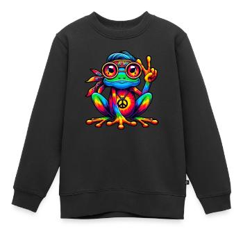 Fête des années 70, grenouille hippie, années 1970, 60 - Sweat Premium enfant bio - noir - Devant - AI Model Kid Female (0cm)
