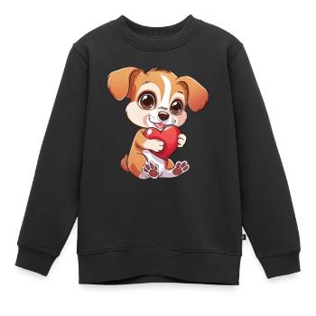 Adorable chiot tenant un coeur - Mignon et adorable - Sweat Premium enfant bio - noir - Devant - AI Model Kid Female (0cm)