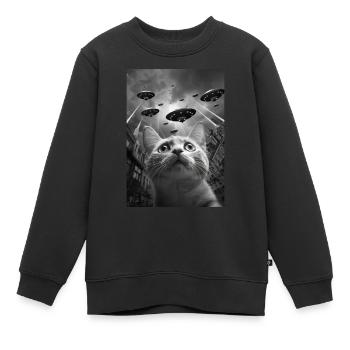 Chat selfie OVNI - Sweat Premium enfant bio - noir - Devant - AI Model Kid Female (0cm)