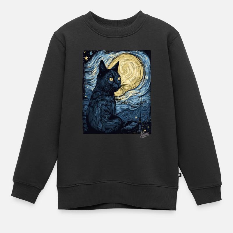 Nuit étoilée et chat noir - Sweat Premium enfant bio - noir