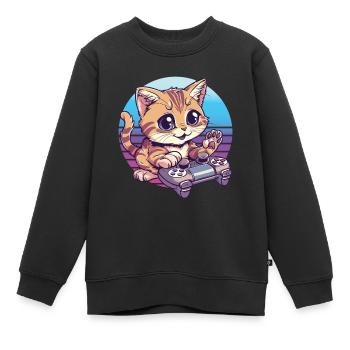 Cat gaming retro background - Kids Premium Organic Sweatshirt - black - Front - AI Model Kid Female (0cm)