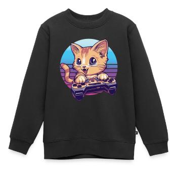 Cat gaming retro background - Kids Premium Organic Sweatshirt - black - Front - AI Model Kid Female (0cm)
