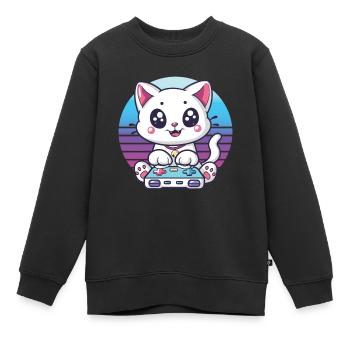 Cat gaming retro background - Kids Premium Organic Sweatshirt - black - Front - AI Model Kid Female (0cm)