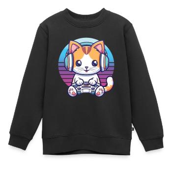 Cat gaming retro background - Kids Premium Organic Sweatshirt - black - Front - AI Model Kid Female (0cm)