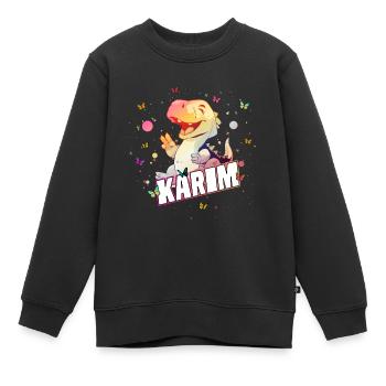 KARIM - Beautiful boy name with cute DINO T-REX - Kids Premium Organic Sweatshirt - black - Front - AI Model Kid Female (0cm)