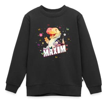 MAXIM - Beau prénom de garçon avec mignon DINO T-REX - Sweat Premium enfant bio - noir - Devant - AI Model Kid Female (0cm)