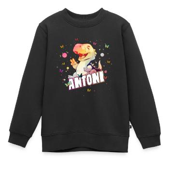 ANTONI - Beautiful boy name with cute DINO T-REX - Kids Premium Organic Sweatshirt - black - Front - AI Model Kid Female (0cm)