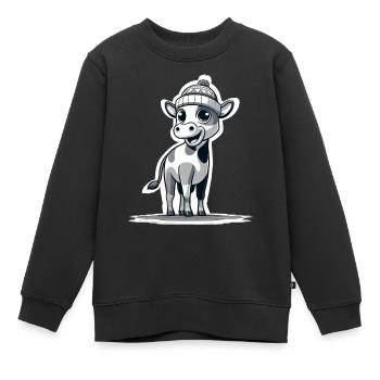 Veau avec bonnet bk - Sweat Premium enfant bio - noir - Devant - AI Model Kid Female (0cm)