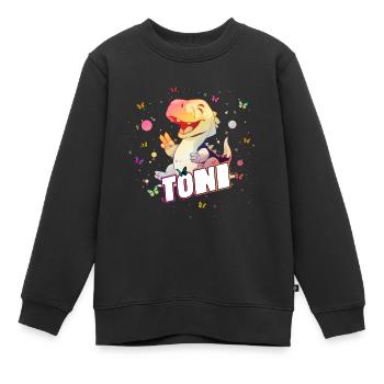 TONI - Beautiful boy name with cute DINO T-REX - Kids Premium Organic Sweatshirt - black - Front - AI Model Kid Female (0cm)