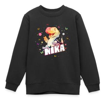 NIKA - Beau nom de garçon avec mignon DINO T-REX - Sweat Premium enfant bio - noir - Devant - AI Model Kid Female (0cm)