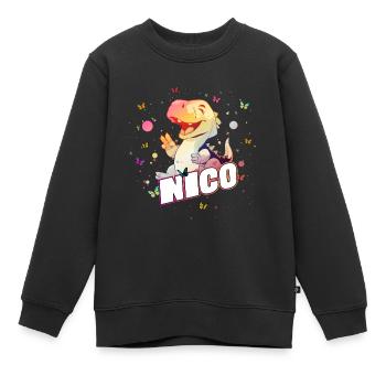 NICO - Beau nom de garçon avec mignon DINO T-REX - Sweat Premium enfant bio - noir - Devant - AI Model Kid Female (0cm)