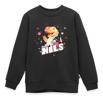 NILS - Beautiful boy name with cute DINO T-REX - Kids Premium Organic Sweatshirt - black - Front - AI Model Kid Female (0cm)