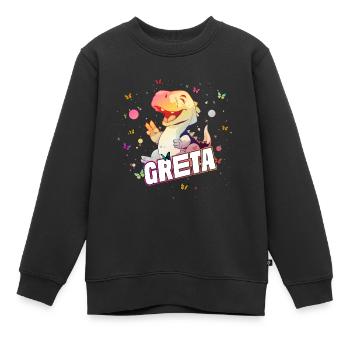 GRETA - Beautiful GIRL name with cute DINO T-REX - Kids Premium Organic Sweatshirt - black - Front - AI Model Kid Female (0cm)