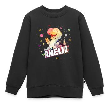 AMELIA - Beautiful GIRL name with cute DINO T-REX - Kids Premium Organic Sweatshirt - black - Front - AI Model Kid Female (0cm)