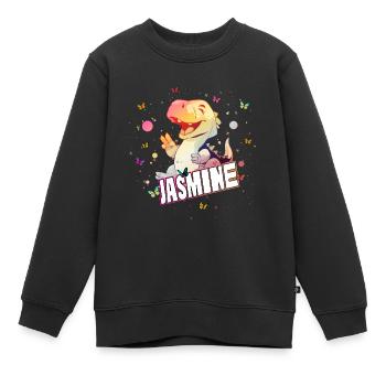 JASMINE - Beau nom de FILLE avec un DINO mignon - Sweat Premium enfant bio - noir - Devant - AI Model Kid Female (0cm)