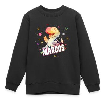 MARCOS - Beau nom de garçon avec un mignon DINO - Sweat Premium enfant bio - noir - Devant - AI Model Kid Female (0cm)