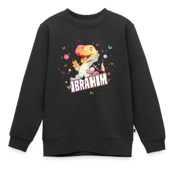 IBRAHIM - Beau nom de garçon avec mignon DINO - Sweat Premium enfant bio - noir - Devant - AI Model Kid Female (0cm)