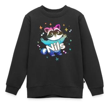 NILS - Beau prénom de garçon avec un raton laveur mignon - Sweat Premium enfant bio - noir - Devant - AI Model Kid Female (0cm)