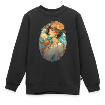 Florales Porträt einer Frau im Jugendstil - Kinder Premium Organic Sweatshirt - Schwarz - Vorne - AI Model Kid Female (0cm)