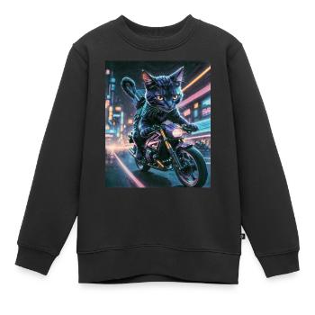 Cyberpunk Katze Biker Cyberpunk Chat Biker - Sweat Premium enfant bio - noir - Devant - AI Model Kid Female (0cm)