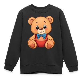 Fröhliches rotes Outfit Teddybär sitzend, blaue Schleife - Kinder Premium Organic Sweatshirt - Schwarz - Vorne - AI Model Kid Female (0cm)