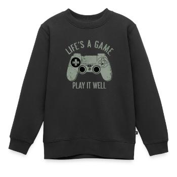 Het leven is een spel, speel het goed, spelcontroller - Kinder Premium sweater biologisch - zwart - Voor - AI Model Kid Female (0cm)