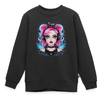 Niedliche Katzenfrau mit Kopfhörer - Kinder Premium Organic Sweatshirt - Schwarz - Vorne - AI Model Kid Female (0cm)