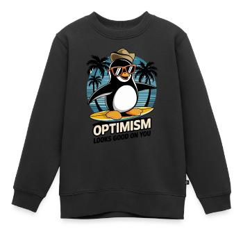 L’optimisme vous va bien Pingouin surfeur - Sweat Premium enfant bio - noir - Devant - AI Model Kid Female (0cm)