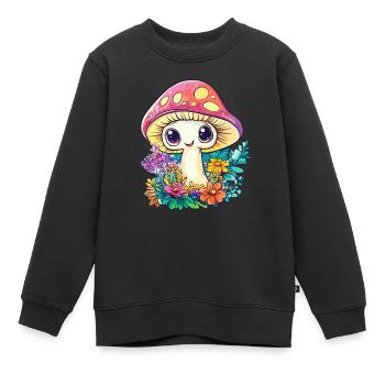 Glücklicher Fliegenpilz im Blumenfeld - Kinder Premium Organic Sweatshirt - Schwarz - Vorne - AI Model Kid Female (0cm)