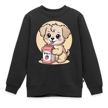 Kawaii chien buvant du lait de fraise mignon japonais - Sweat Premium enfant bio - noir - Devant - AI Model Kid Female (0cm)