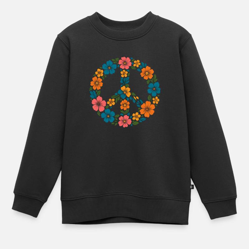 Signe de paix avec des fleurs | Style rétro hippie - Sweat Premium enfant bio - noir