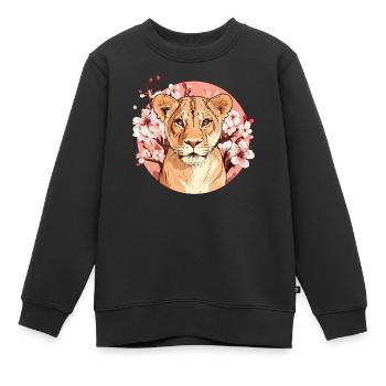 Löwin mit Blütenpracht - Kinder Premium Organic Sweatshirt - Schwarz - Vorne - AI Model Kid Female (0cm)