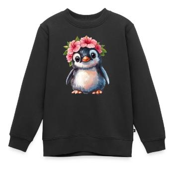 Pinguin mit Blütenkranz - Kinder Premium Organic Sweatshirt - Schwarz - Vorne - AI Model Kid Female (0cm)