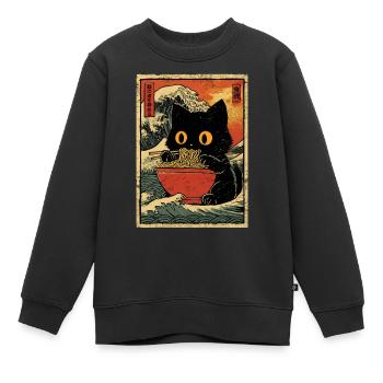 Japon Cat Ramen Nouilles Motif Vague Rétro - Sweat Premium enfant bio - noir - Devant - AI Model Kid Female (0cm)