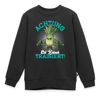 Kraftsport ACHTUNG EIN LAUCH TRAINIERT Lustig - Kinder Premium Organic Sweatshirt - Schwarz - Vorne - AI Model Kid Female (0cm)