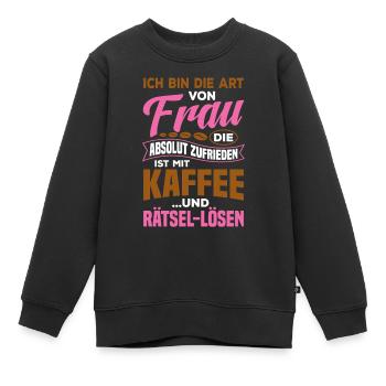 Zufrieden mir Kaffee und Rätsel lösen / Spruch - Kinder Premium Organic Sweatshirt - Schwarz - Vorne - AI Model Kid Female (0cm)